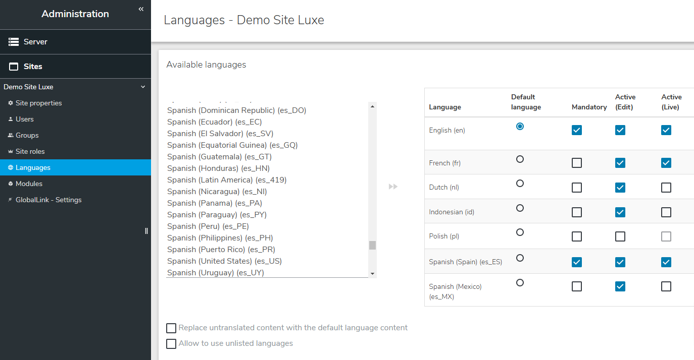 Language management screen in Jahia Administration panel