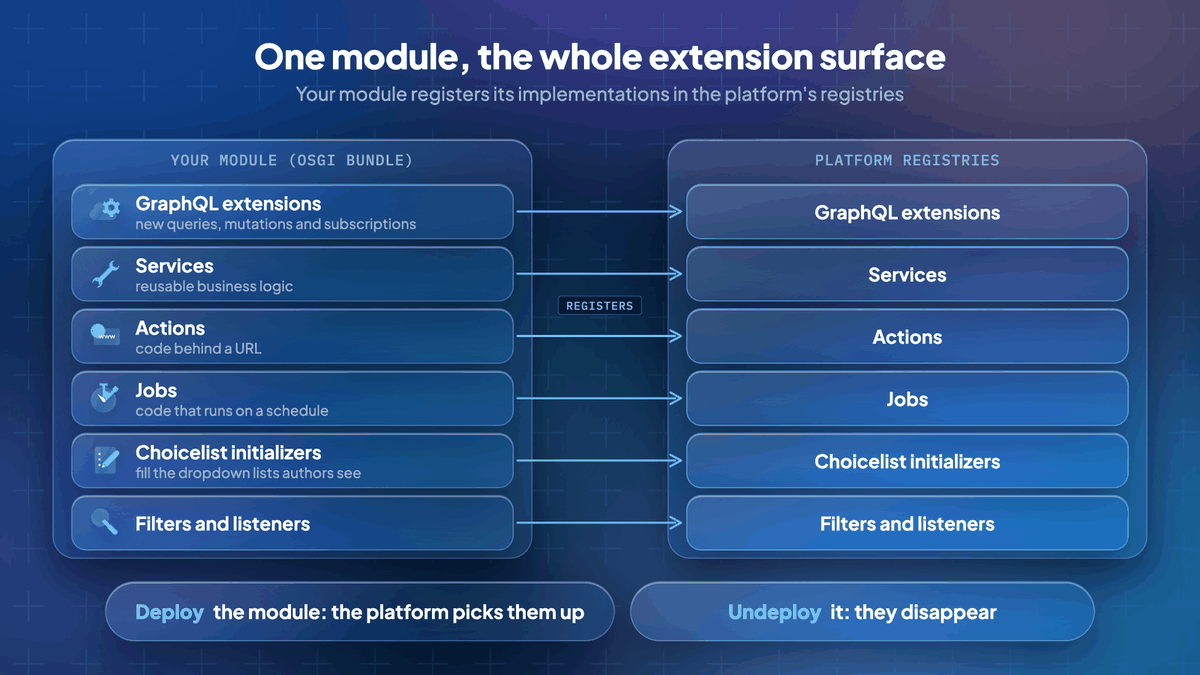 Java CMS extension points: one OSGi module registers GraphQL extensions, services, actions, jobs, choicelist initializers, filters and listeners in the platform registries