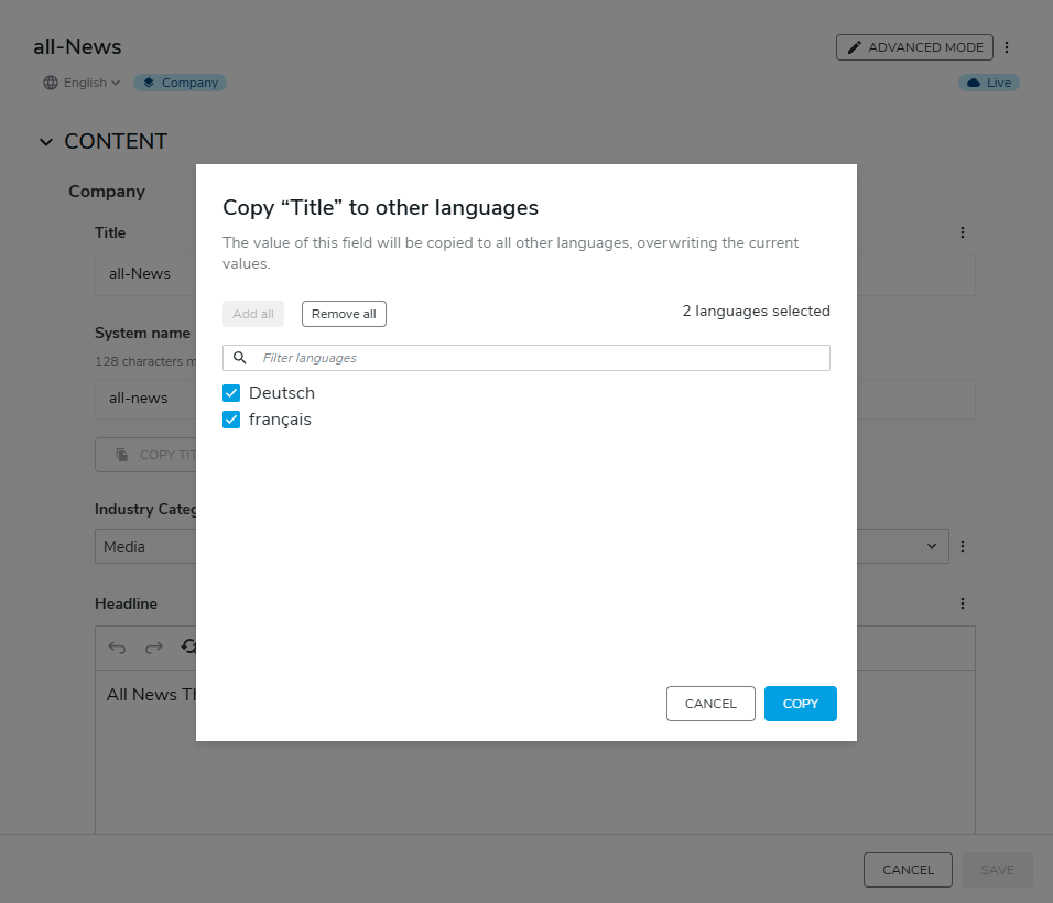 Screenshot of a Copy to window offering to copy the value of the title to other languages, with German and French ticked