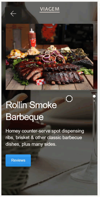 Screenshot of a restaurant mobile app: a photo of grilled meat, the name Rollin Smoke Barbeque, a short description and a Reviews button