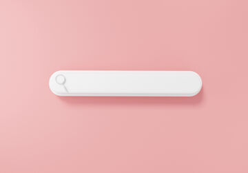 Illustration 3D d'un moteur de recherche interne : une barre de recherche blanche sur fond rose