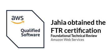 Badge AWS Qualified Software accompagné du texte : Jahia a obtenu la certification FTR, Foundational Technical Review d'Amazon Web Services
