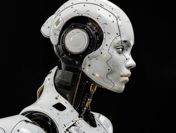 Gros plan sur la tête et le buste d'un robot humanoïde blanc de profil, sur fond noir