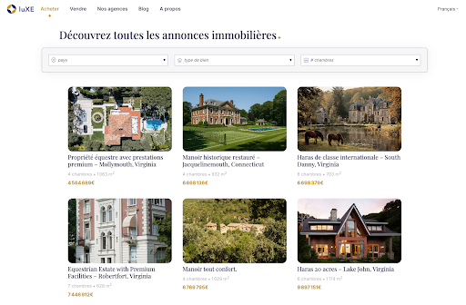 Capture d'un site d'annonces immobilières de luxe avec une grille de six propriétés et leurs prix