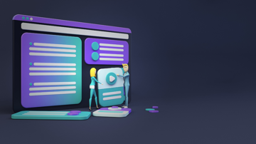 3D browser window with purple text blocks and two characters handling a video player