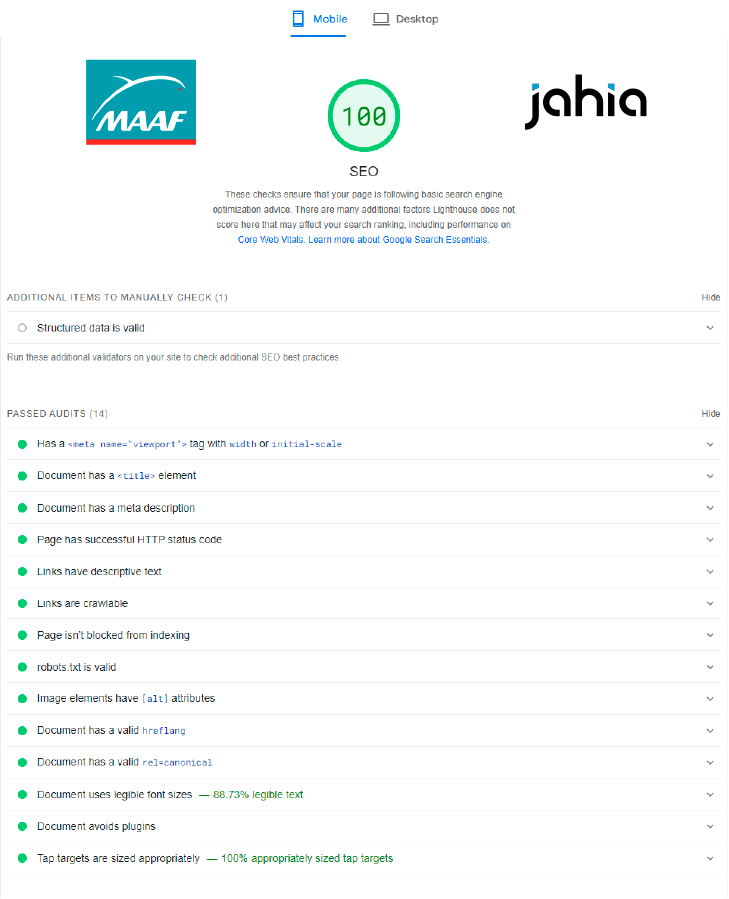 Rapport d'audit SEO du site de la MAAF avec un score de 100 sur 100, à côté du logo Jahia