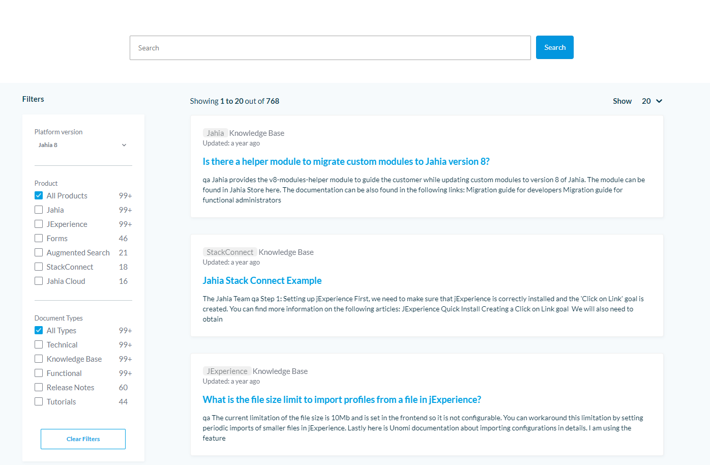 Faceted filter rendering on the Jahia Academy website