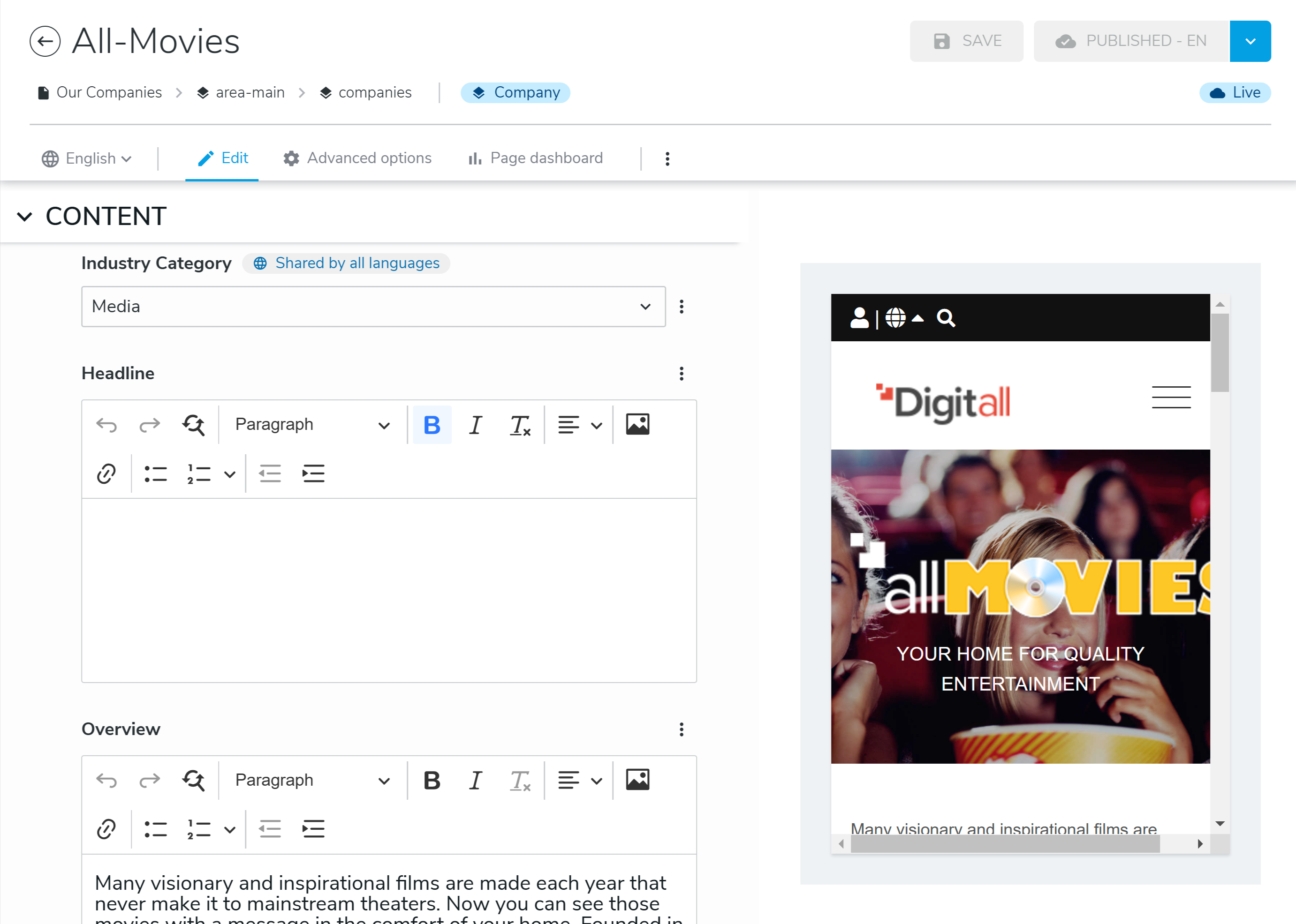 Screenshot of Jahia CMS editing interface with internationalized and non-internationalized fields