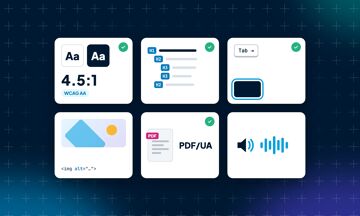 Illustration de six vérifications faites par les outils de test d'accessibilité : contraste, titres, clavier, alternatives textuelles, PDF et lecteur d'écran