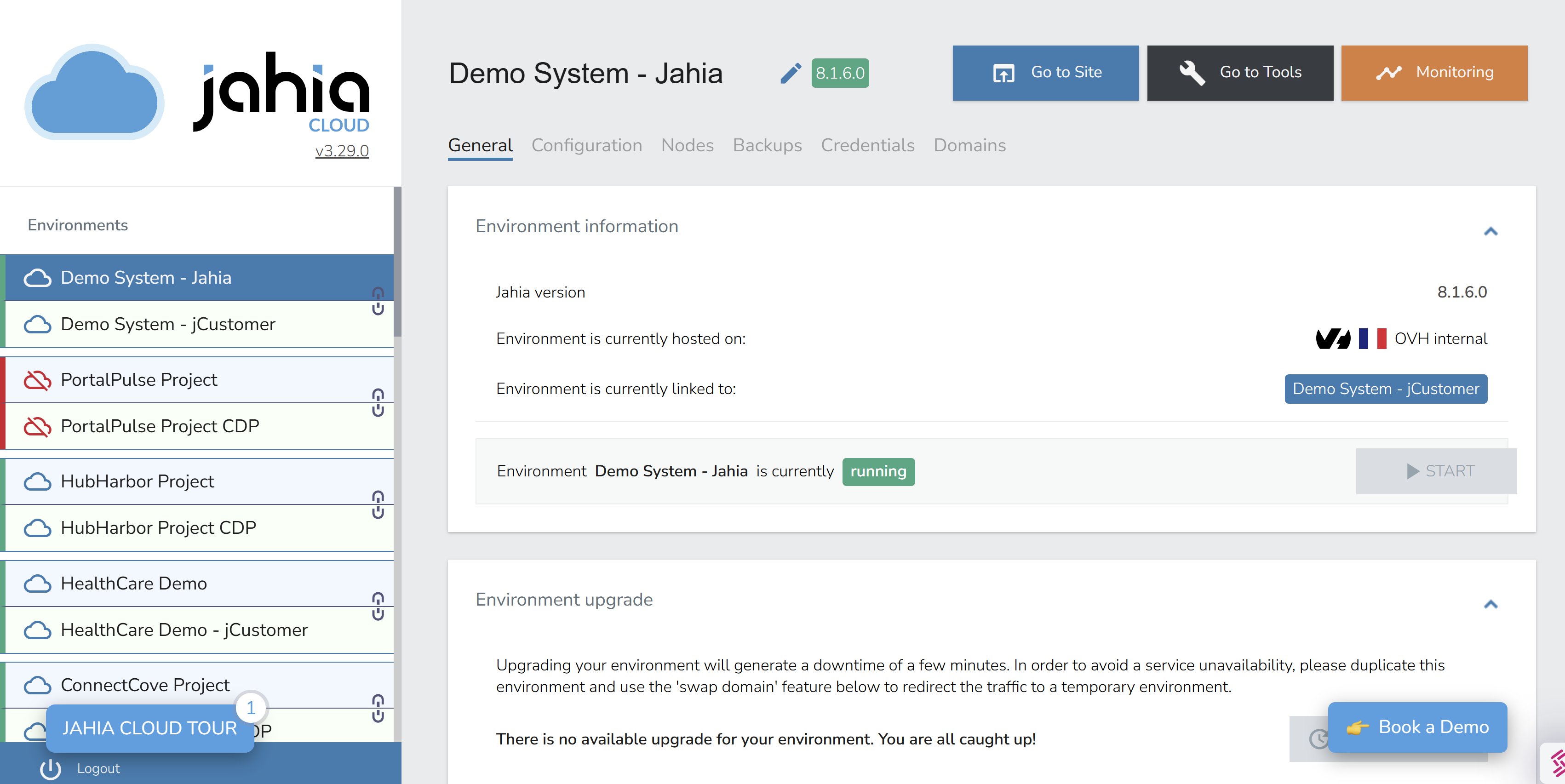 Interface de gestion des interfaces web sur Jahia Cloud
