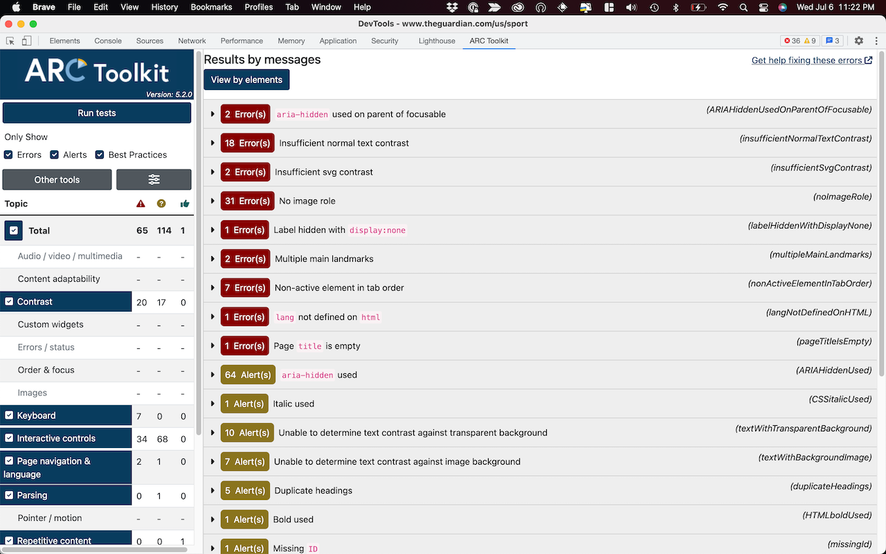 Visual presentation of the Arc Toolkit website accessibility testing tool