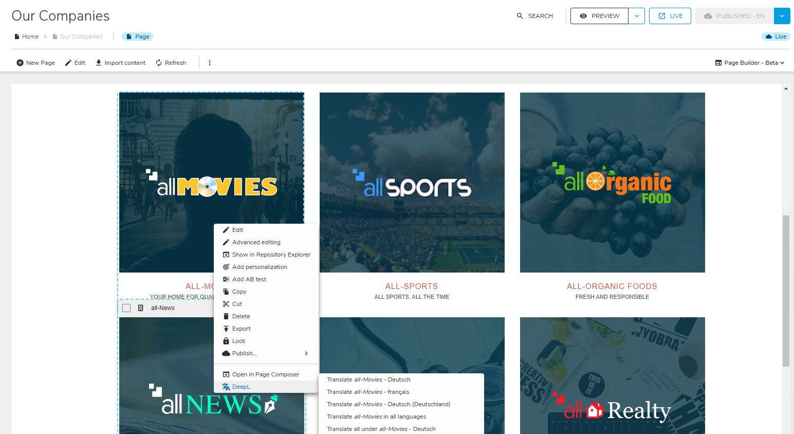 Screenshot of JahiaCMS with a direct Access to DeePL translation service